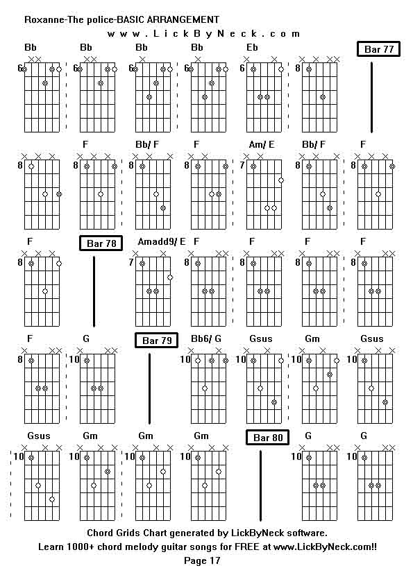 Chord Grids Chart of chord melody fingerstyle guitar song-Roxanne-The police-BASIC ARRANGEMENT,generated by LickByNeck software.